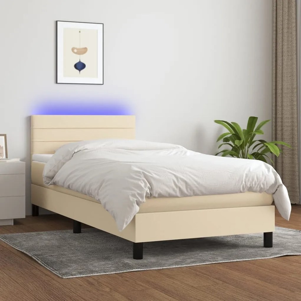 3133202 vidaXL Cama box spring c/ colchão e LED 90x190 cm tecido cor creme