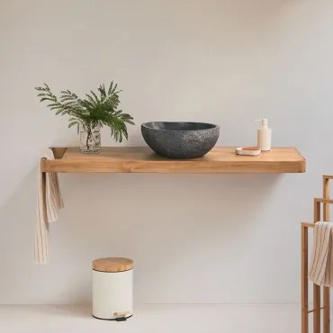 Conjunto De Móvel De Casa De Banho 130x45 Cm Suspenso Em Madeira De Teca Neill Madeira De Teca & Sem Espelho & Sem Torneira & Irregular Em Cimento Pre