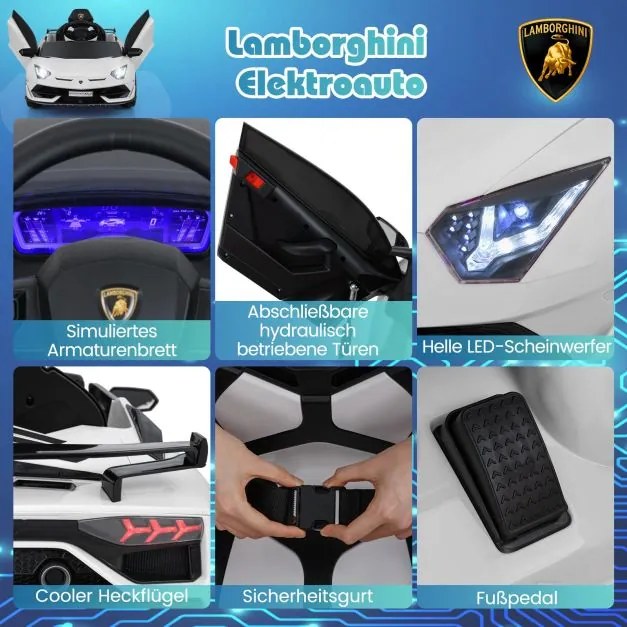 Carro elétrico Lamborghini 12V para crianças com controlo remoto 2,4G e faróis LED 3 a 5km/h  branco