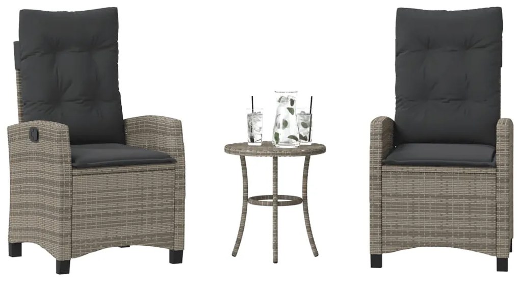 vidaXL 3 pcs conjunto bistrô com almofadões vime PE cinza