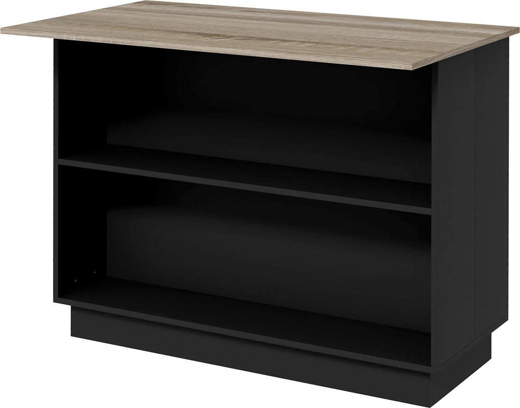 Mesa de apoio para ilha de cozinha com prateleira ajustável (BANCOS NÃO INCUIDOS), 2 compartimentos abertos, 2 armários e bancada com efeito de madeir