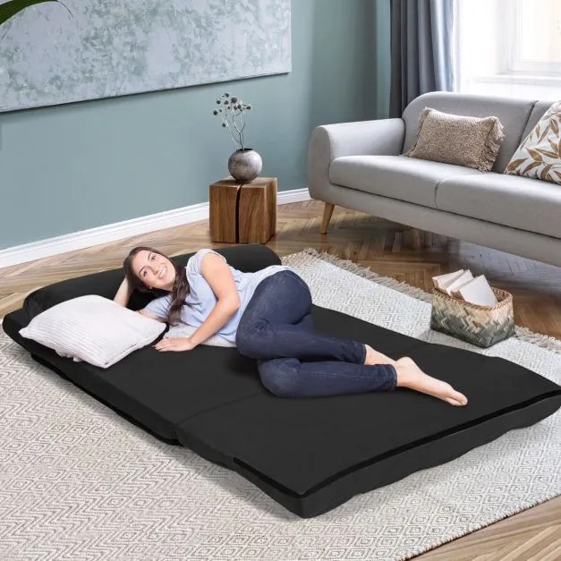 Sofá de chão ajustável Sofá-cama dobrável em 6 posições Revestimento removível em camurça com 2 almofadas Preto