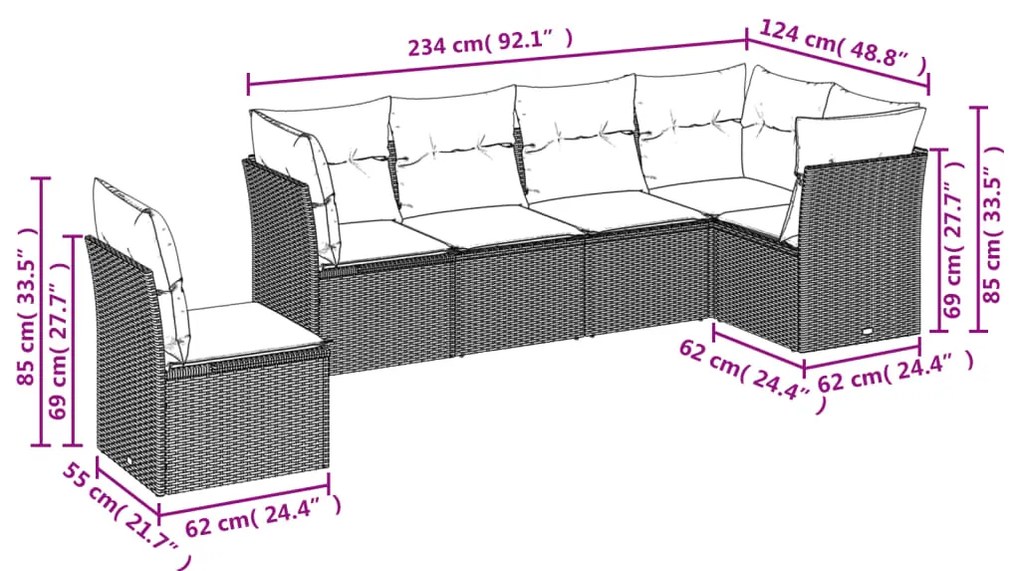 6 pcs conjunto sofás de jardim com almofadões vime cinzento