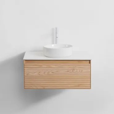 Conjunto De Móvel De Casa De Banho Suspenso Em Madeira De Freixo Tedrik Castanho Fresno & Cerâmica Redonda Branca Ø40 Cm Lenka & Sem - Sklum