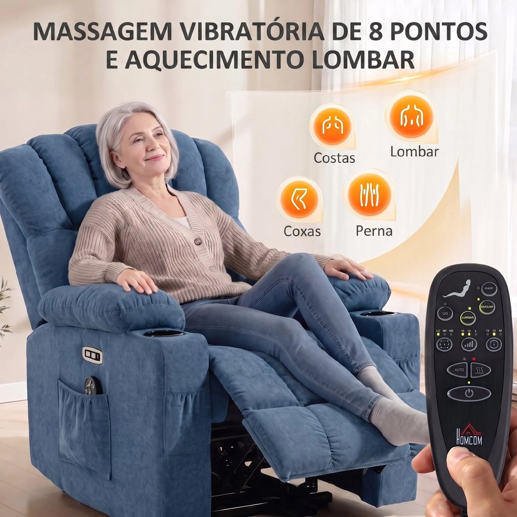 Poltrona Relax Reclinável Elétrico Elevatório com Massagem, Aquecimento, Assento Largo, USB-C/USB-A e Bolsos Azul