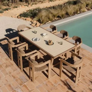 Conjunto De Mesa Retangular 200x100 Cm Com Azulejos Dubai E 8 Cadeiras De Jardim Em Madeira De Acácia E Rattan Sintético Ginara Tapioca Bege - Sklum