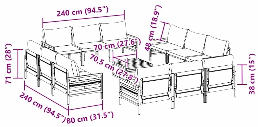Conjunto de Sofá de Jardim 13 pcs Cinzento-escuro Aço