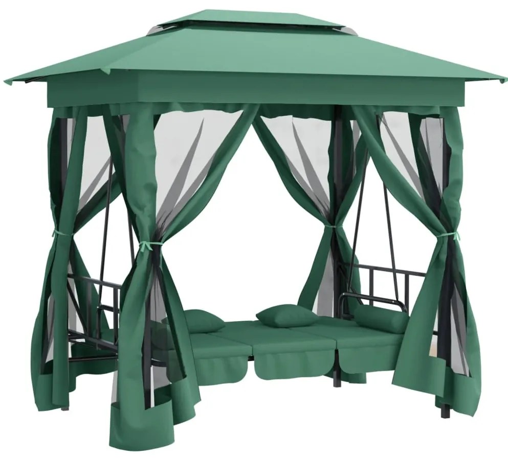 Gazebo de jardim c/ banco baloiço conversível tecido/aço verde