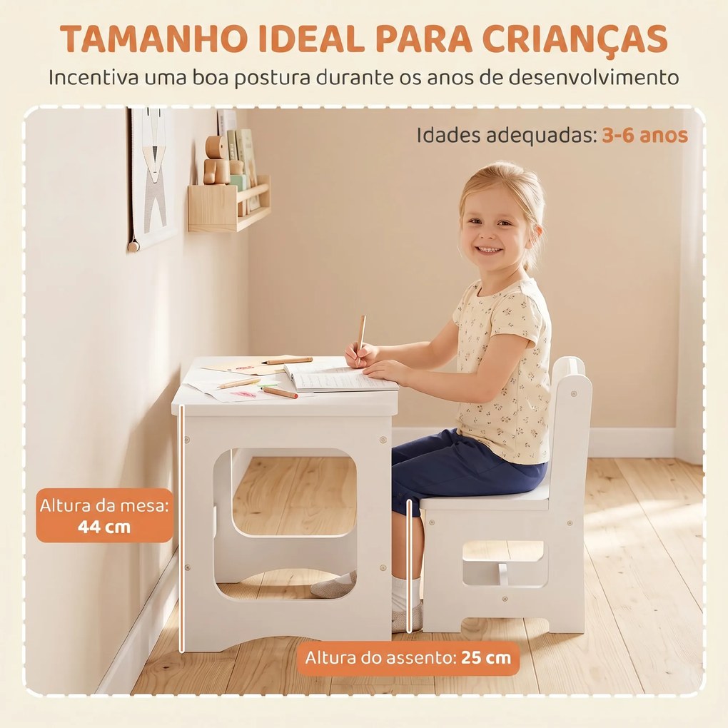 Mesa Infantil com Cadeira Tampo Reversível Mesa e Cadeira Infantil com Lousa para Desenho Crianças 3-6 Anos Branco
