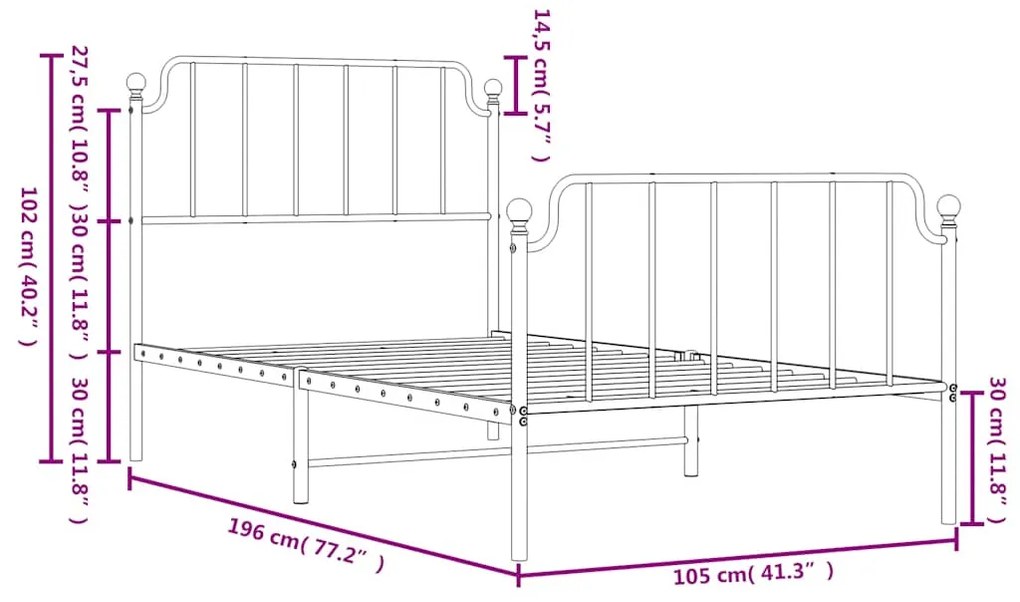 Estrutura de cama com cabeceira e pés 100x190 cm metal branco