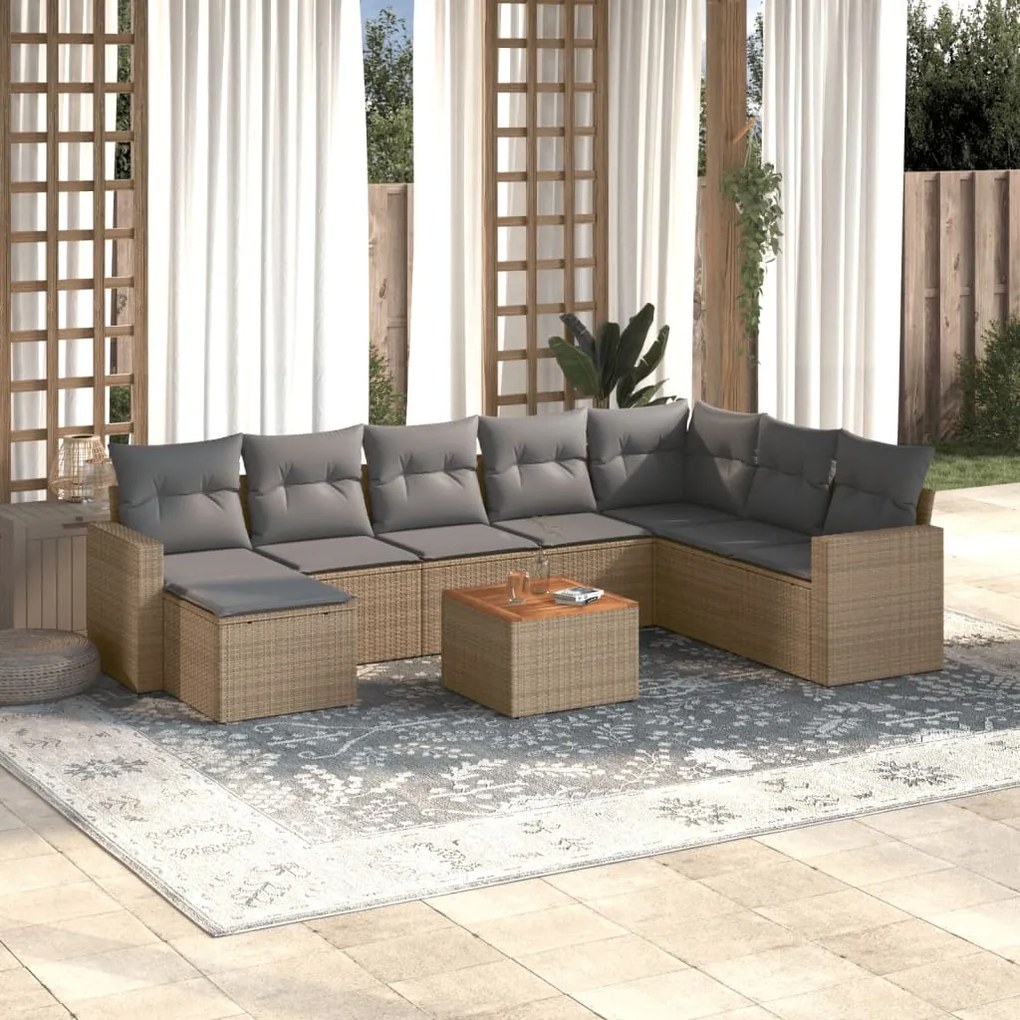 vidaXL 9 pcs conjunto de sofás p/ jardim com almofadões vime PE bege
