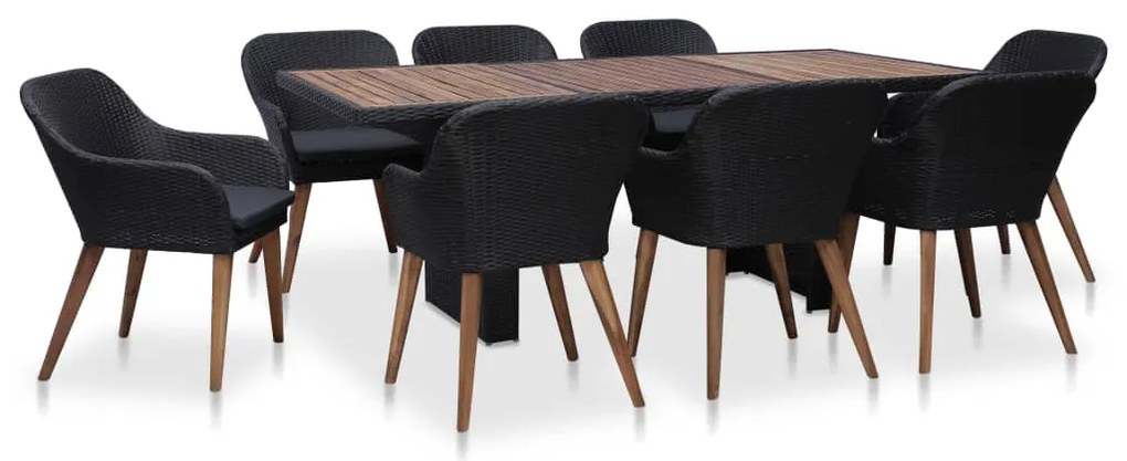 vidaXL 9 pcs conjunto jantar exterior com almofadões vime PE preto