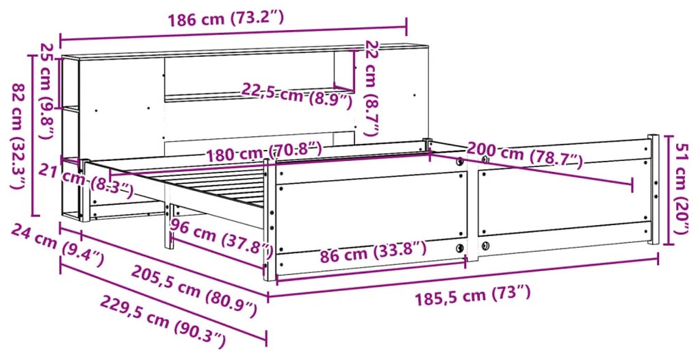 Cama com estante sem colchão 180x200 cm pinho maciço branco