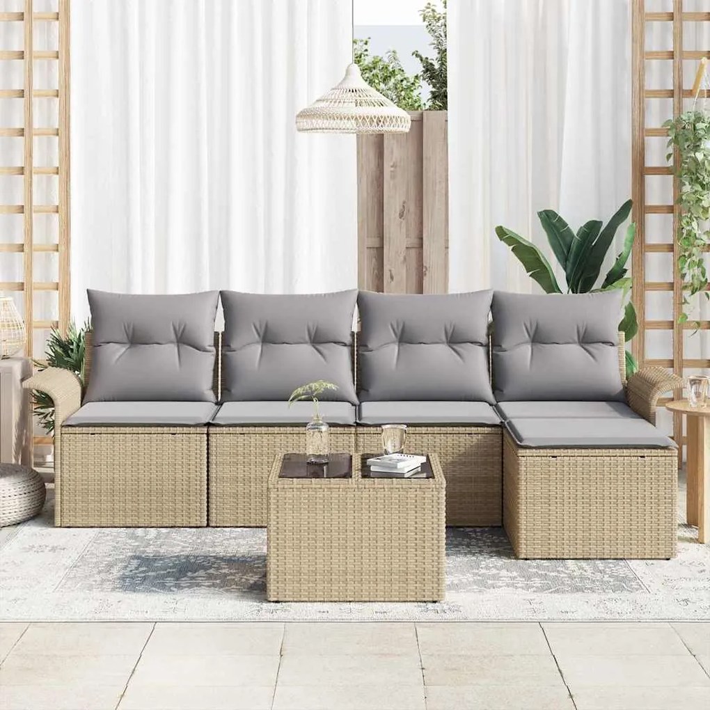 Conjunto de Sofá de Jardim com 6 Peças e Almofadas Pretas em Poly Ratt