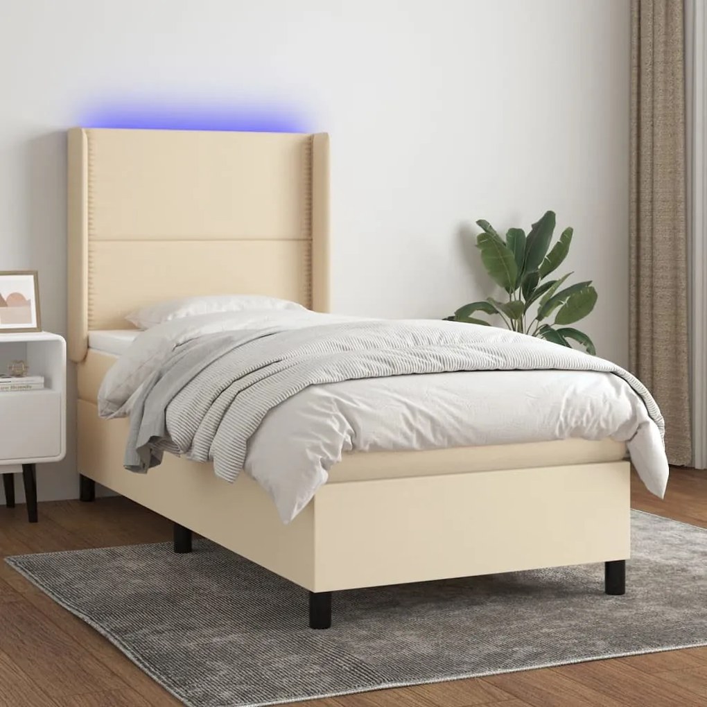 Cama box spring c/ colchão e LED 90x200 cm tecido cor creme