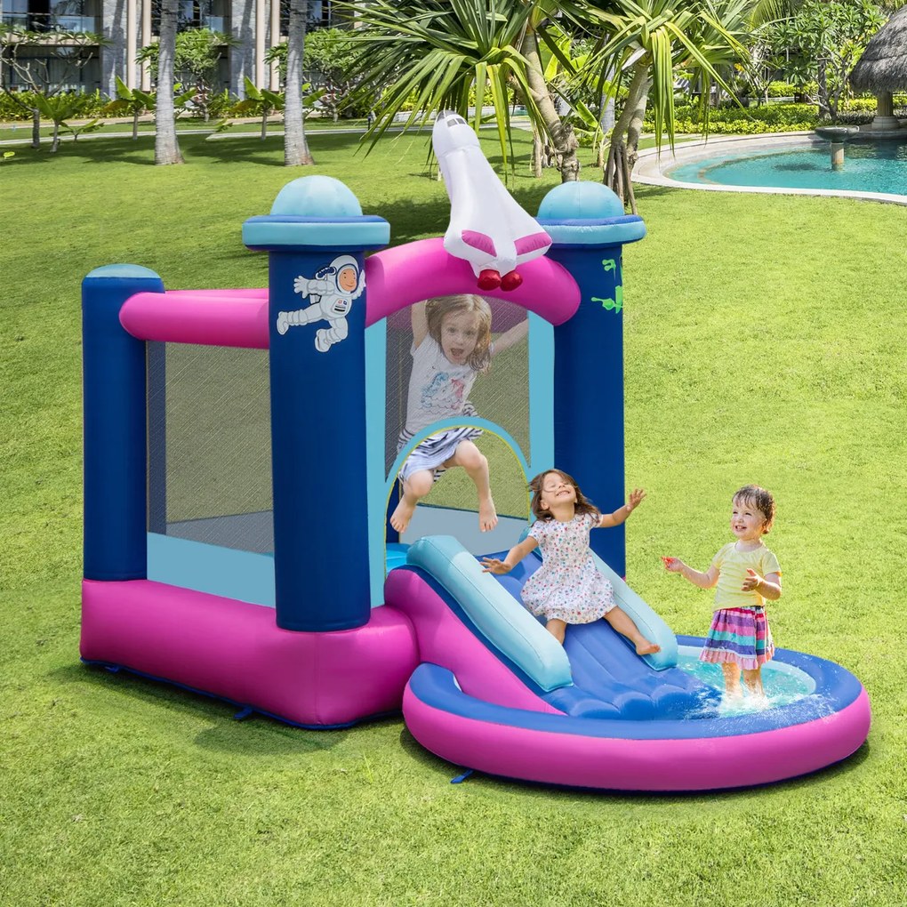 Escorrega Infantil Insuflável com Ventilador 480W Zona de Salto de Piscina Espaço Insuflável Temático Castelo Insuflável 207 x 393 x 270 cm