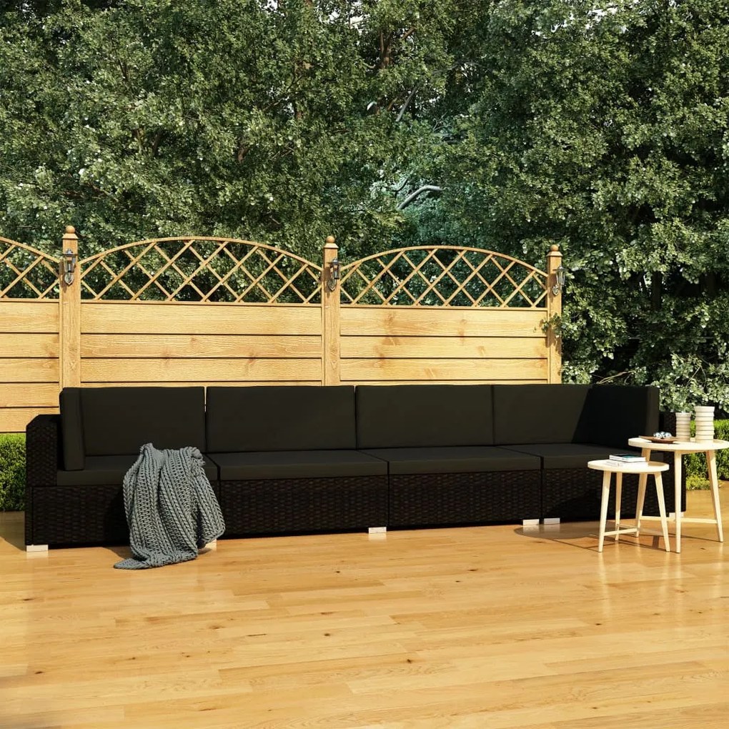 vidaXL Conjunto sofás de jardim c/ almofadões 4 pcs vime PE preto