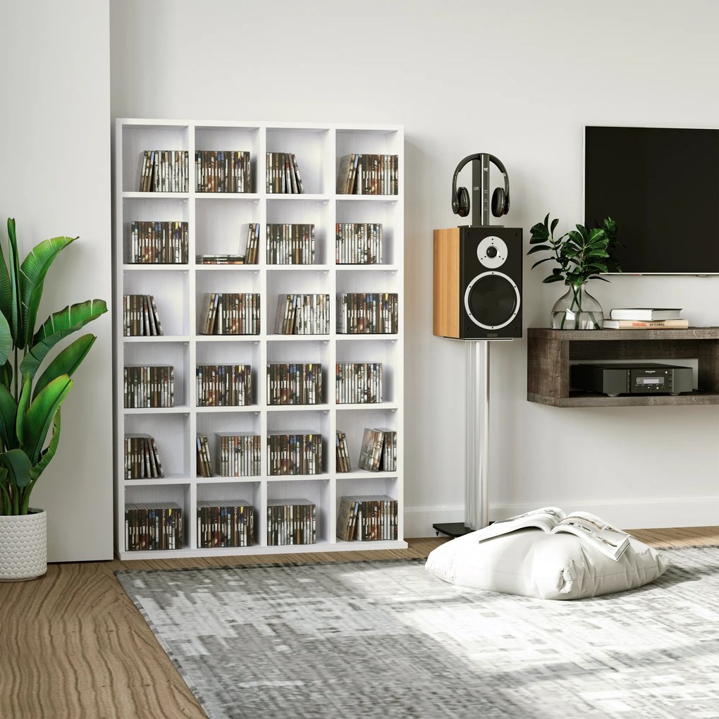 Móvel multimédia com capacidade para 456 CDs/336 DVDs - estante de madeira com prateleiras ajustáveis, 89 x 130,5 cm, branco