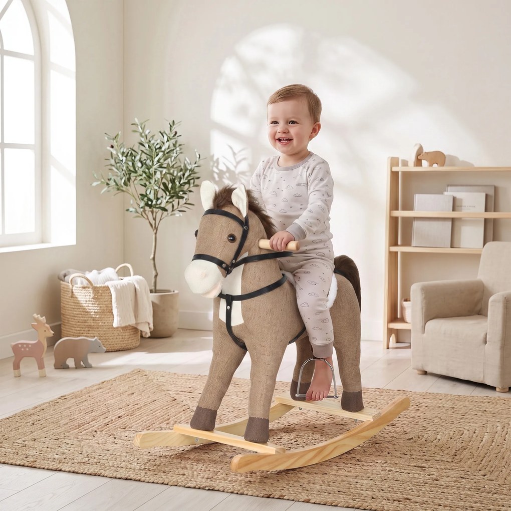 Cavalo de Baloiço com Sons, Pegas de Segurança e Base de Madeira, 12-36 Meses, Castanho-Escuro