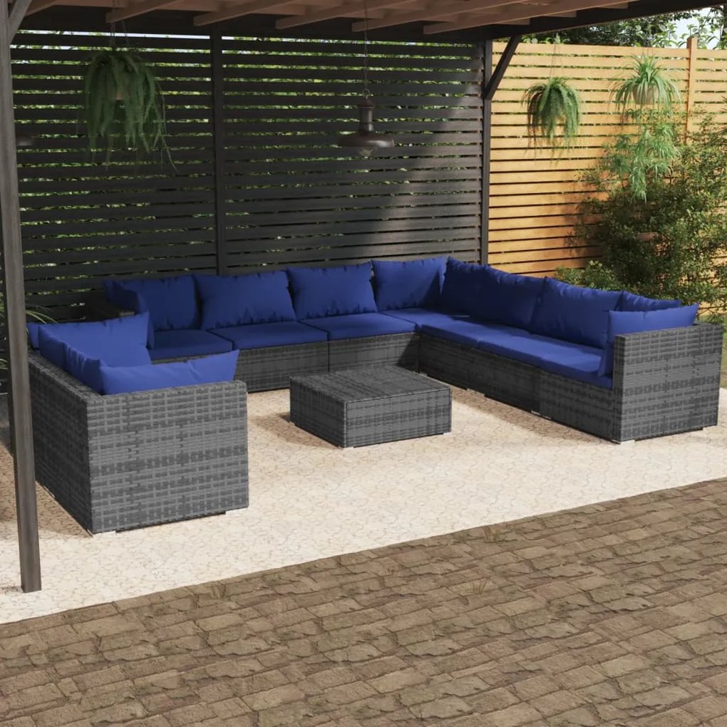 vidaXL 10 pcs conjunto lounge de jardim c/ almofadões vime PE cinzento