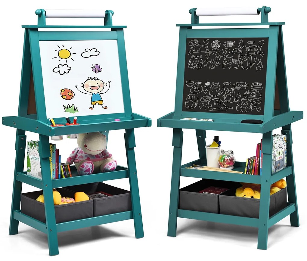 Quadro infantil de dupla face 3 em 1 com 2 Prateleiras 2 Caixas e Bandeja Grande 59 x 50 x 117 cm Azul