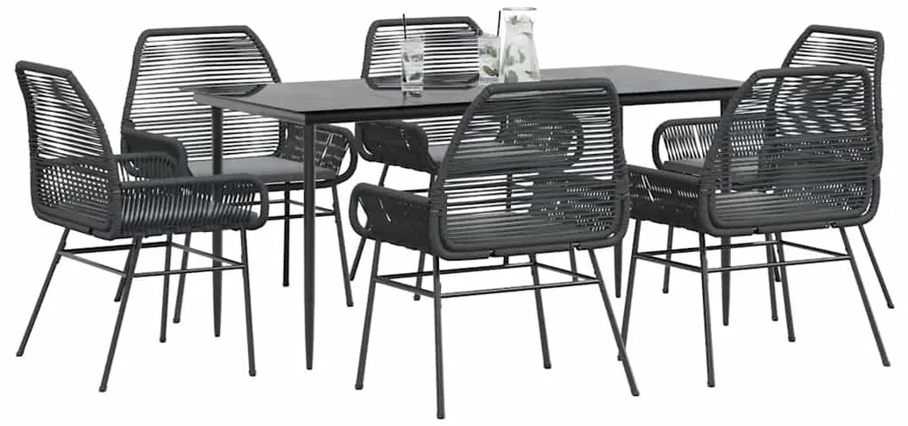 Conjunto de jantar jardim 7 peças almofadas vidro vime PE preto