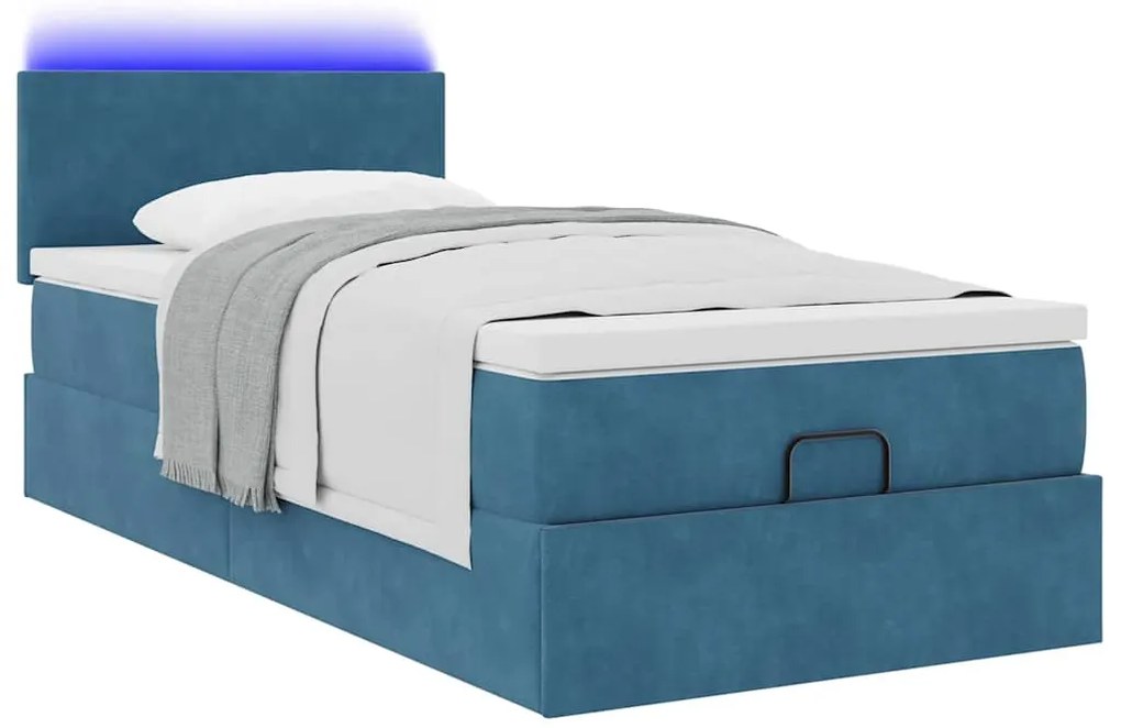 Estrutura cama otomana com colchão azul escuro 90x190cm veludo