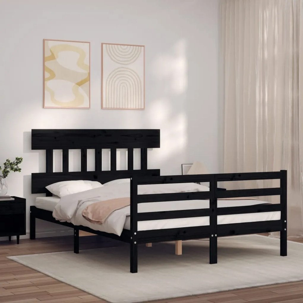 Estrutura de cama de casal c/ cabeceira madeira maciça preto