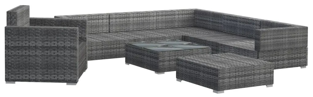8 pcs conjunto lounge de jardim c/ almofadões vime PE cinzento