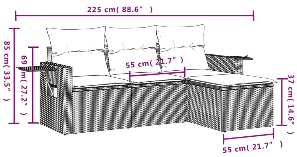 4 pcs conjunto sofás de jardim c/ almofadões vime PE cinzento