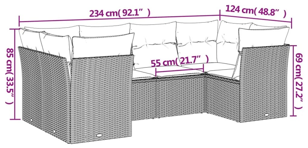 6 pcs conjunto sofás de jardim com almofadões vime cinzento