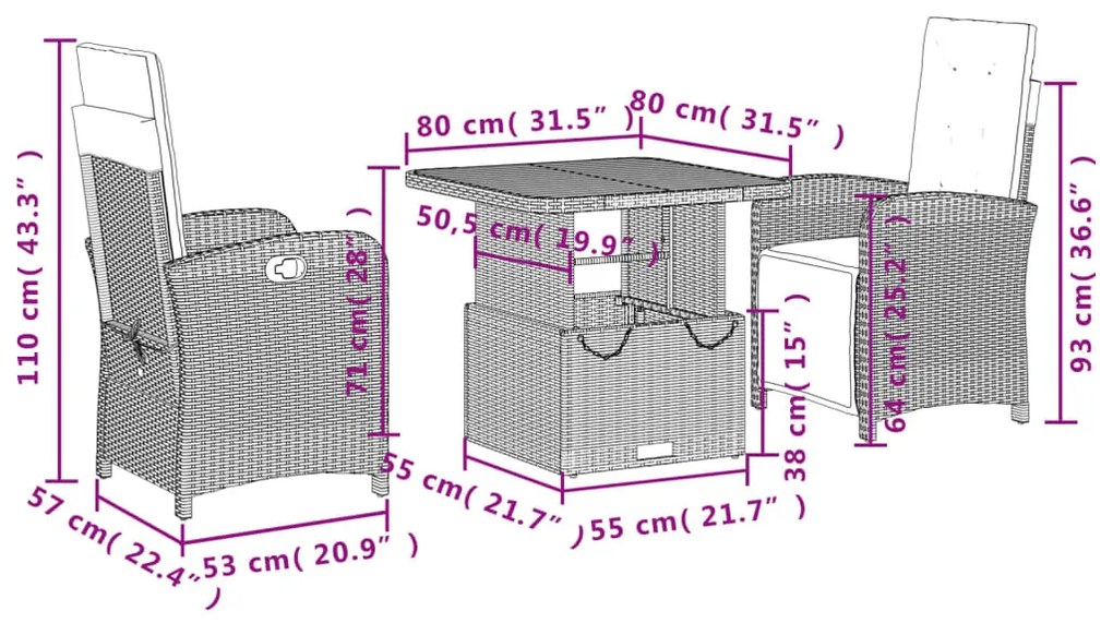 3 pcs conjunto de jantar p/ jardim c/ almofadões vime PE cinza