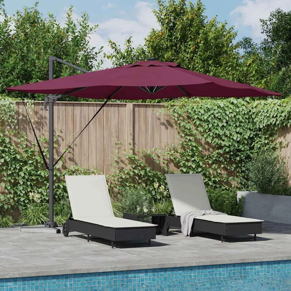 vidaXL Guarda-Sol Cantilever Roma com LEDs Vermelho Bordeaux, 286 x 285 x 270 cm de Alumínio.