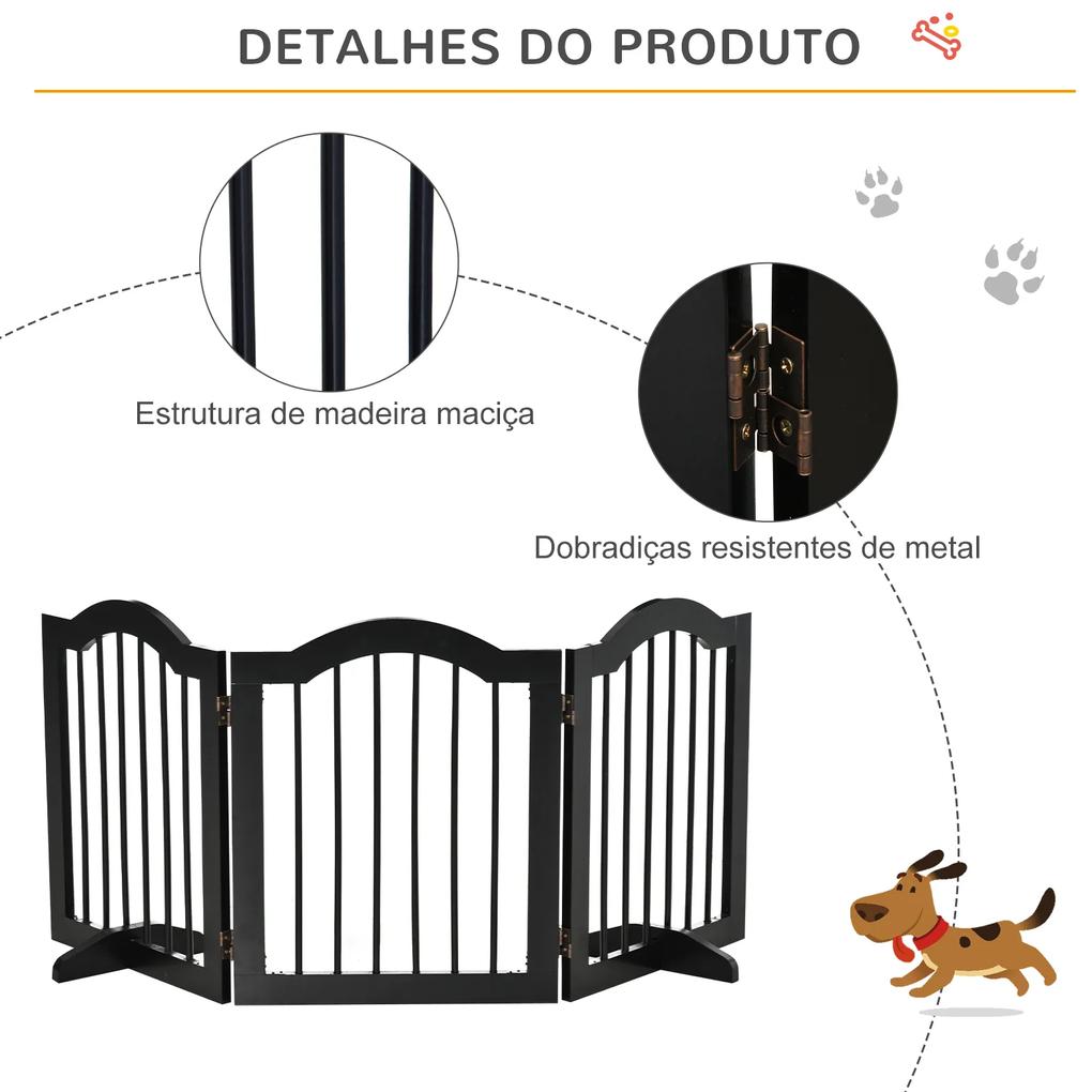 Barreira de Segurança Dobrável para Cães Pequenos com 3 Painéis e 2 Suportes 154,5x29,5x61 cm Preto
