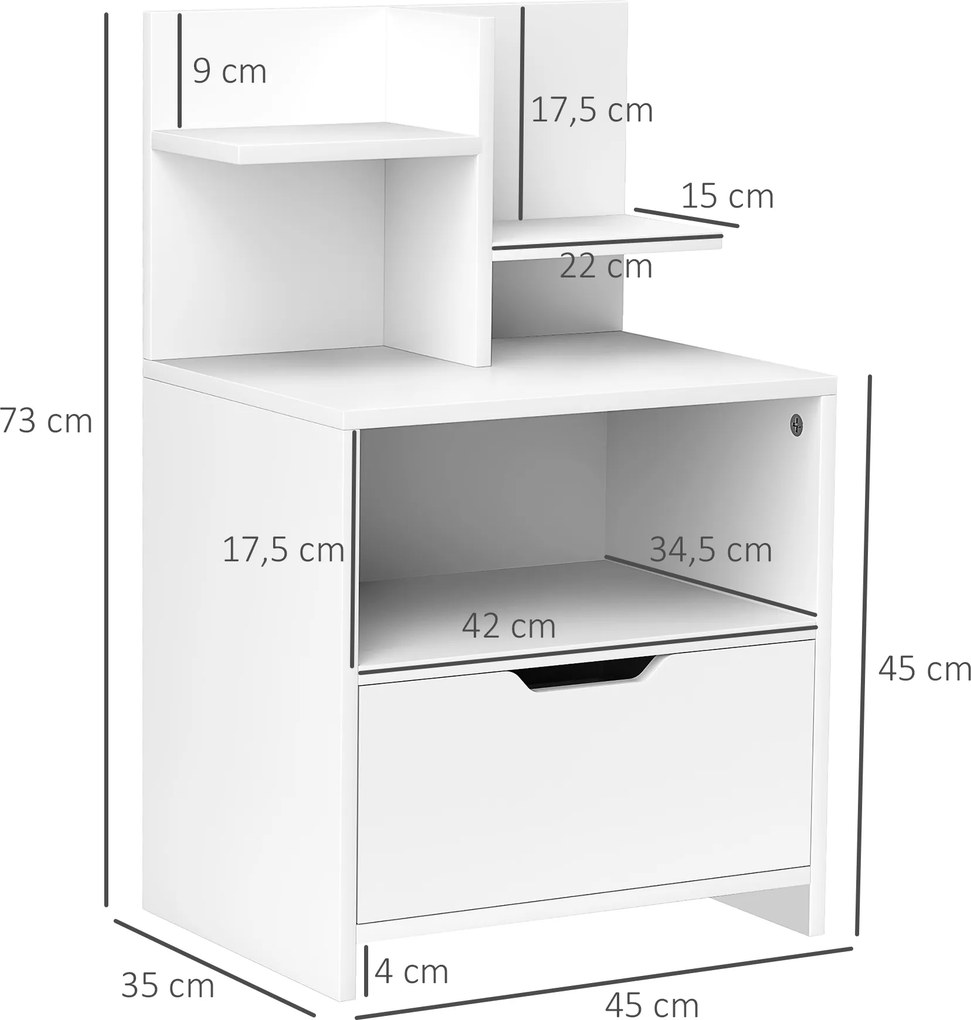 Mesa de Cabeceira de Madeira Moderna com Gaveta e Prateleiras de Armazenamento 45x35x73 cm Branco