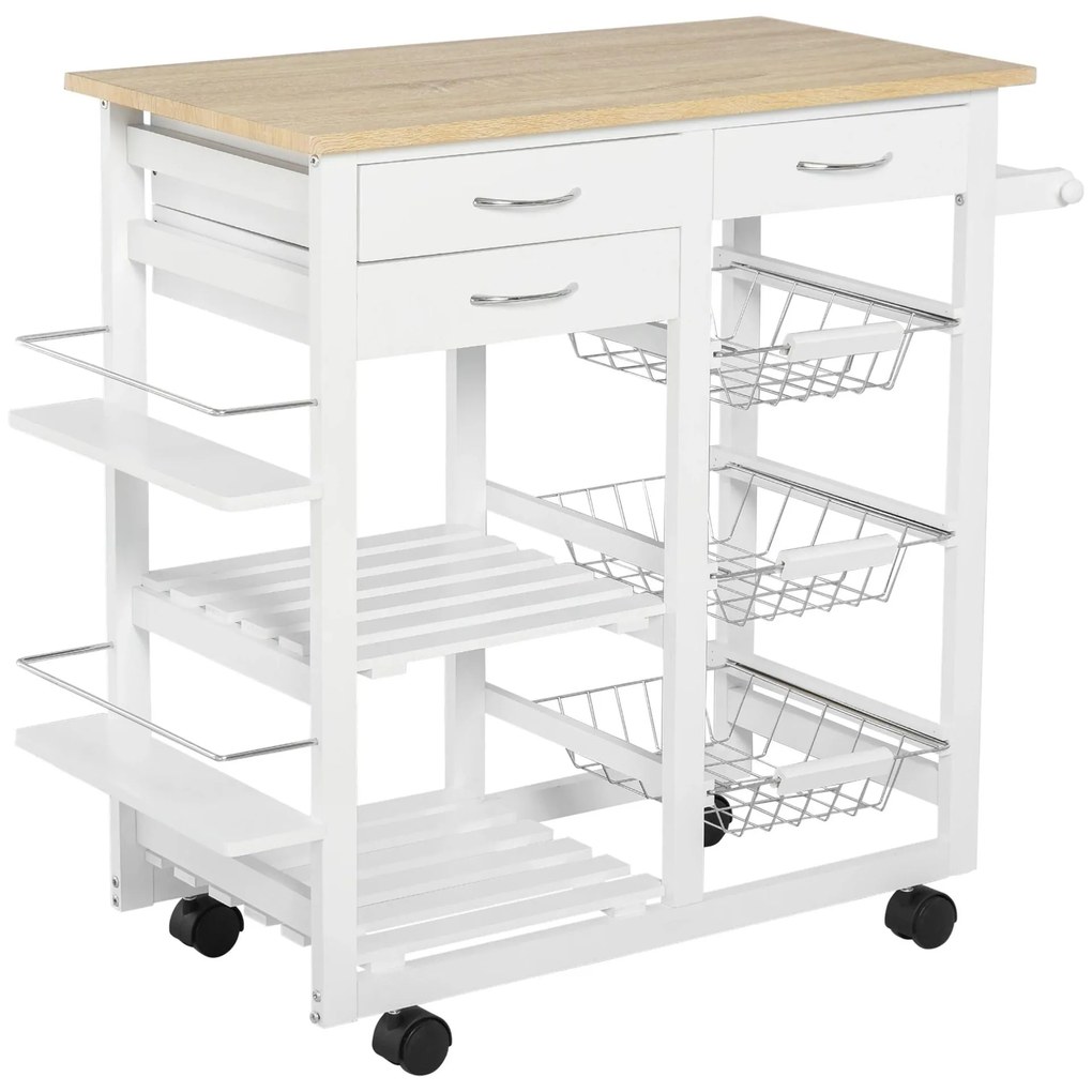 HOMCOM Carrinho de cozinha multifuncional com gavetas Cestas Prateleiras de especiarias Toalheiro Rodas 92x37x82 cm Branco | Aosom Portugal