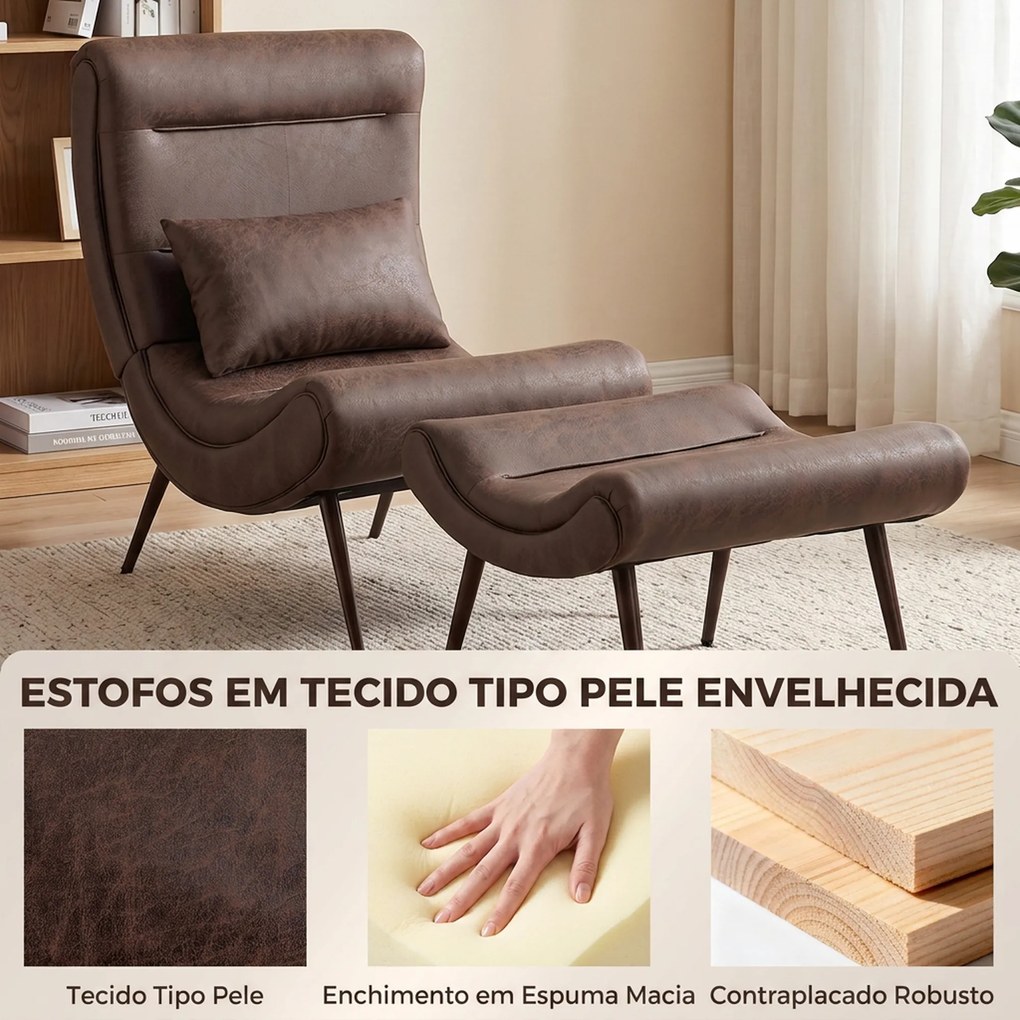 Poltrona retro com apoio para os pés, revestimento em leathaire, assento largo e almofada lombar, castanho-escuro