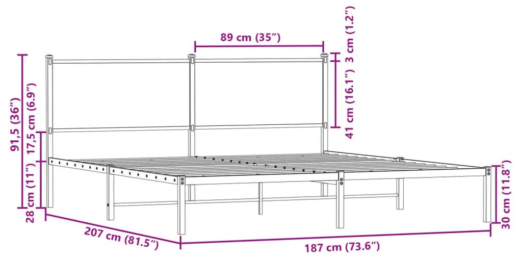 Estrutura de cama com cabeceira 180x200cm metal carvalho fumado