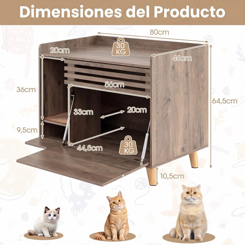 Móvel para Caixa de Areia de Gato (CAIXA AREIA NÃO INCLUIDA), 80 x 46 x 64,5 cm, Zona de Arranhar Integrada, Castanho