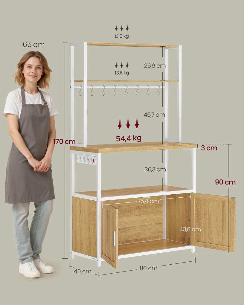Armario de cozinha 40 x 80 x 170 cm com tomadas e 8 ganchos, cor carvalho dourado e branco