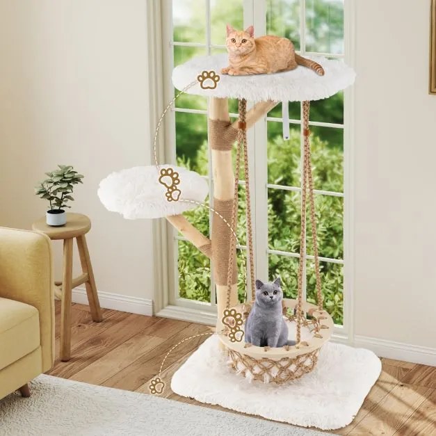 Arranhador para gatos 70 x 50 x 123 cm com rede suspensa, galhos de madeira, postes para arranhar em juta e 2 ganchos Natural + Branco