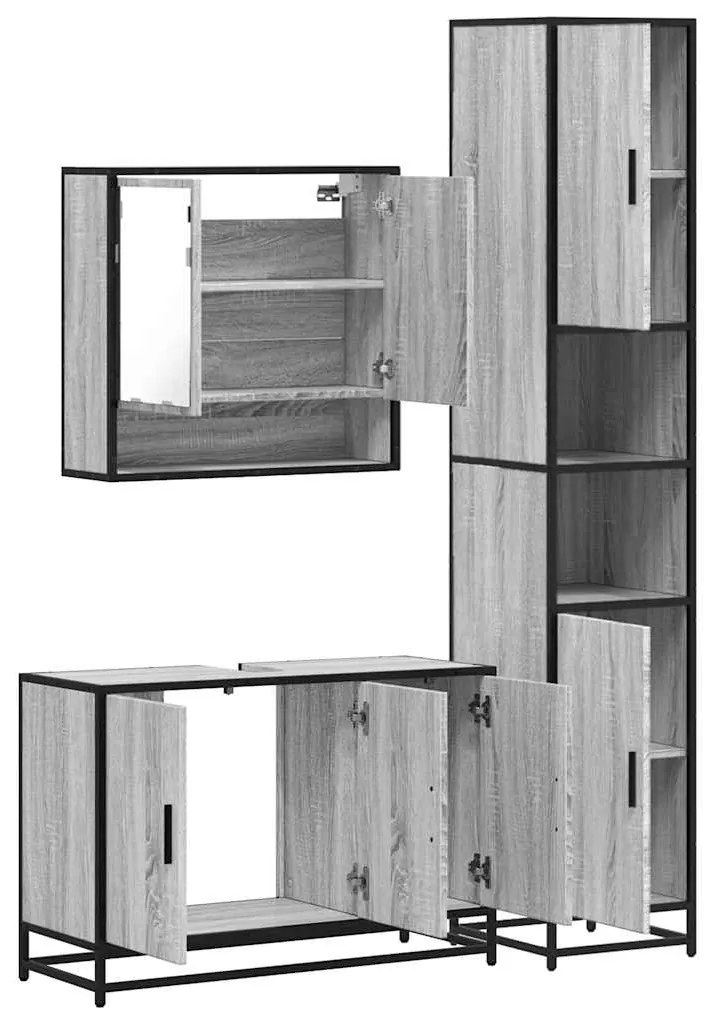 3 pcs Conjunto móveis casa de banho madeira proc. cinza sonoma