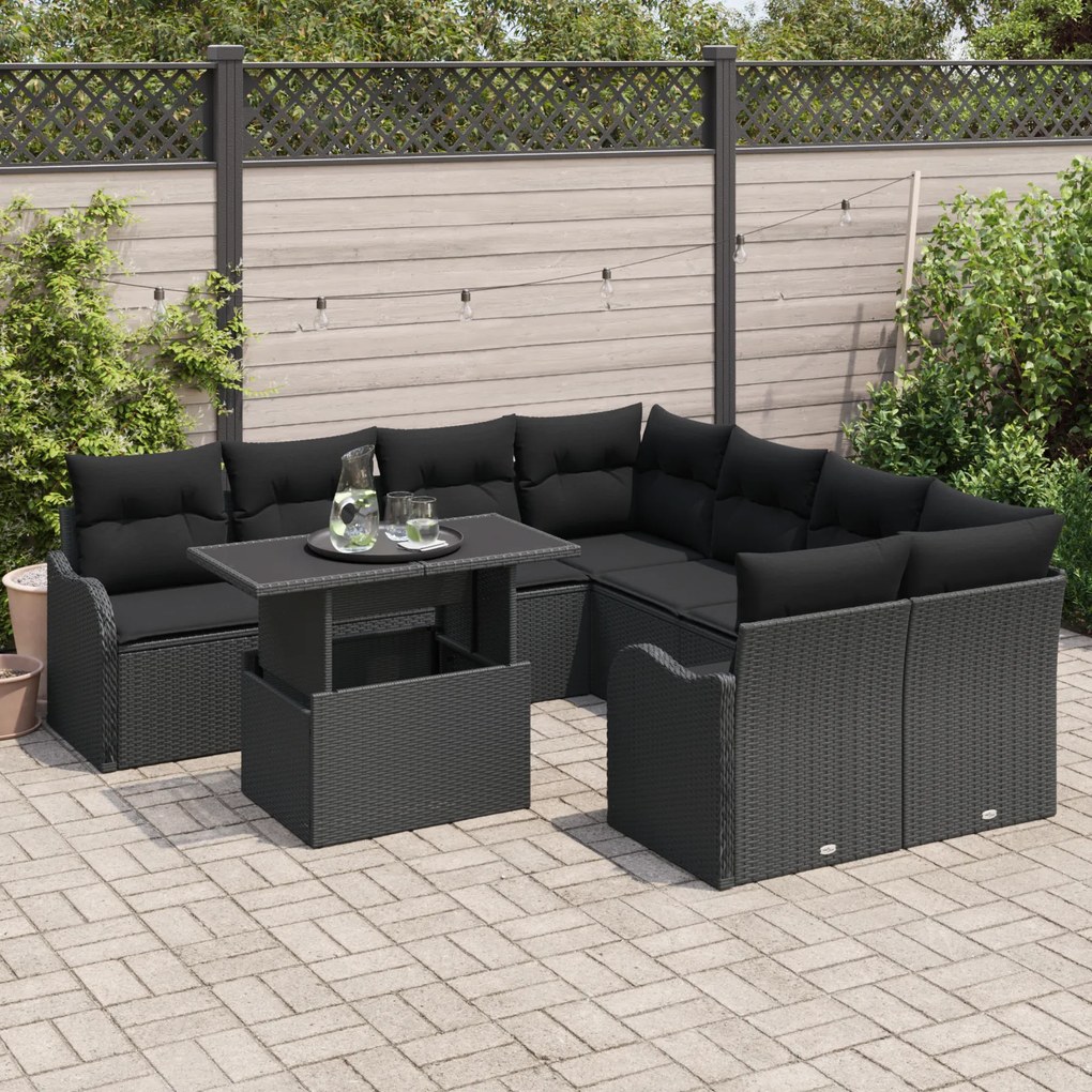 Conjunto de Sofá de Jardim vidaXL com Almofadas Polirattan Preto de 9