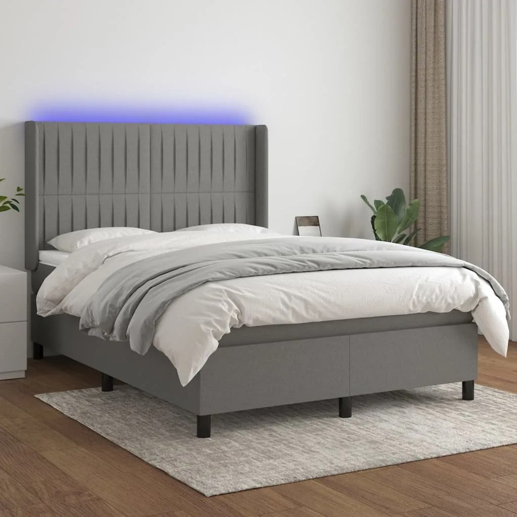 Cama box spring c/ colchão e LED 140x200 cm tecido cinza-escuro