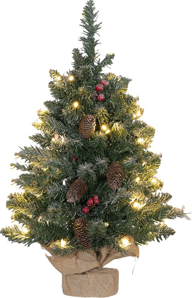 HOMCOM Mini Árvore de Natal 60 cm com Luzes Integradas, 86 Ramos, Pinhas, Bagas Vermelhas, Base em Cimento, Verde | Aosom Portugal