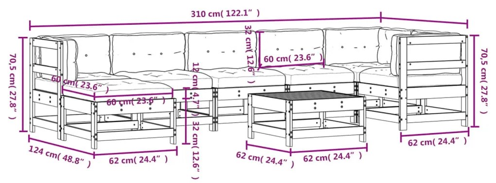 8 pcs conjunto lounge jardim c/ almofadões madeira maciça