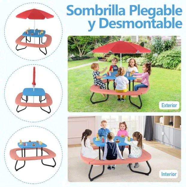 Mesa de atividades jardim crianças com guarda-sol ajustável e dobrável, 4 bancos incorporados até 8 crianças, 125 × 125 × 100-160 cm  azul