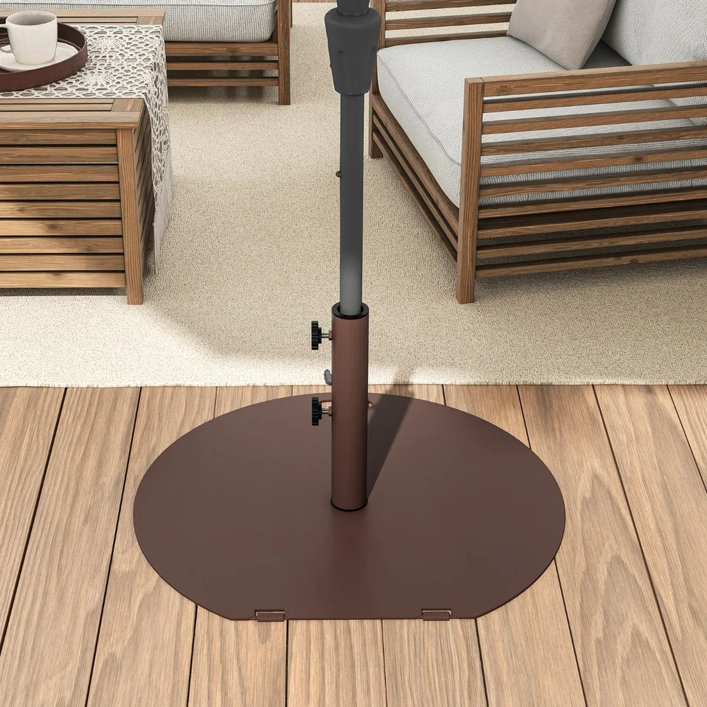 Base metálica redonda para guarda-sol de jardim 23kg com 2 botões de aperto Rodas e pega Castanho
