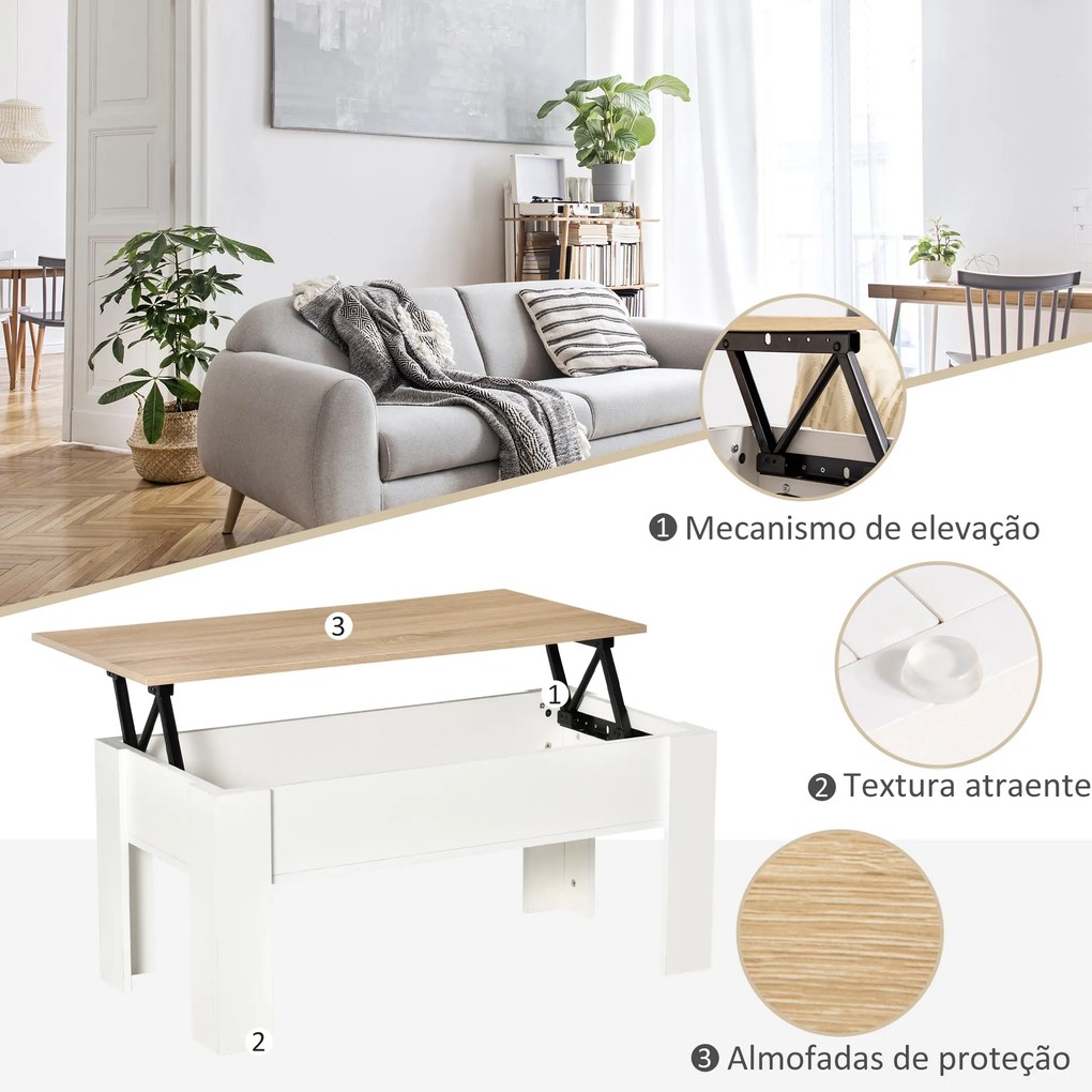 Mesa de Centro com Bancada Elevatória Compartimento Aberto e Oculto 100x50x45-58,5 cm Branco e Madeira