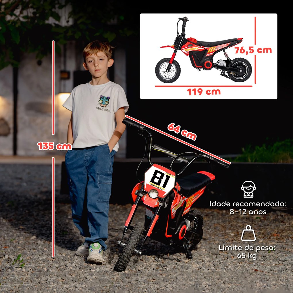 Mota Elétrica para Crianças 24V com Motor 250W Velocidade de 6-16km/h Rodas de 30,5 cm para Crianças de 8-12 Anos Vermelho